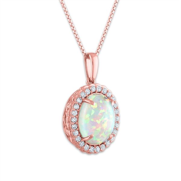 LoveSong 10X8MM Oval Opal and Diamond Halo 18-inch Pendant in 10KT Rose Gold Online Hot Sale