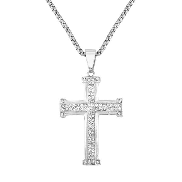 King by Simone I Smith Stainless Steel and Crystal 50X35MM 24-inch Cross Pendant Discount