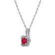 5MM Round Ruby and White Sapphire Birthstone Flower Halo Pendant in Sterling Silver For Cheap